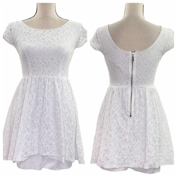B. Darlin Solid White Lace A-Line Short Sleeve Scoop Neck Mini Dress - Picture 1 of 13